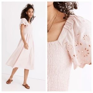Madewell Linen-Blend Eyelet-Sleeve Lucie Smocked Midi Dress Size Large EUC